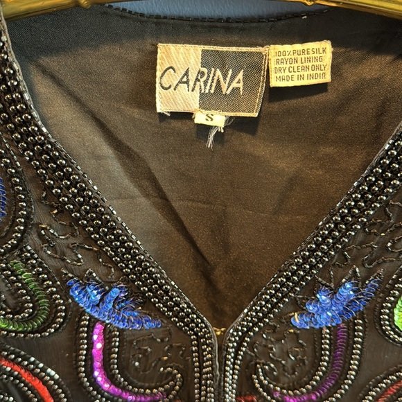 Vintage 80s Silk Sequin Beaded Long Sleeve ART DECO Jacket small India by Carina - Picture 3 of 15